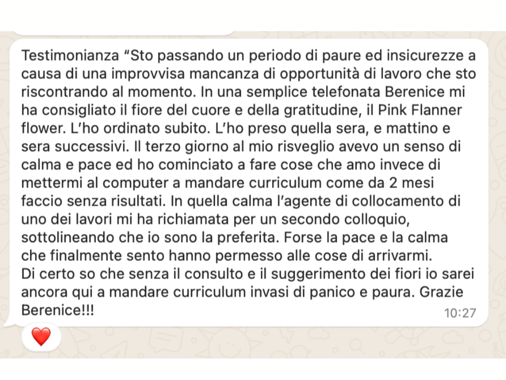 Recensione cliente soddisfatta della consulenza naturopatica e floriterapia con Berenice Scarabelli