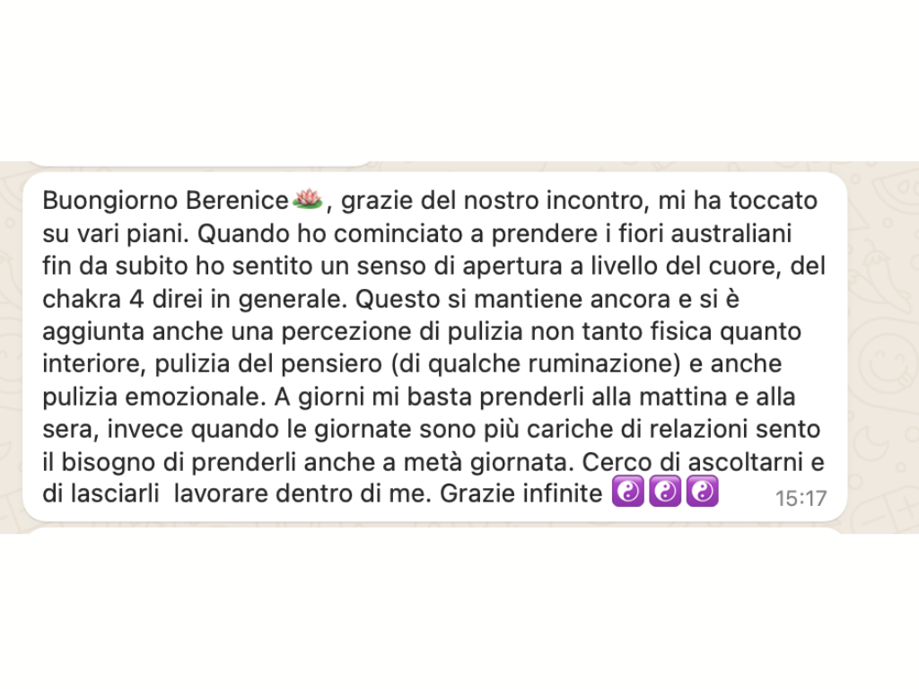 Recensione cliente soddisfatta della consulenza naturopatica e floriterapia con Berenice Scarabelli